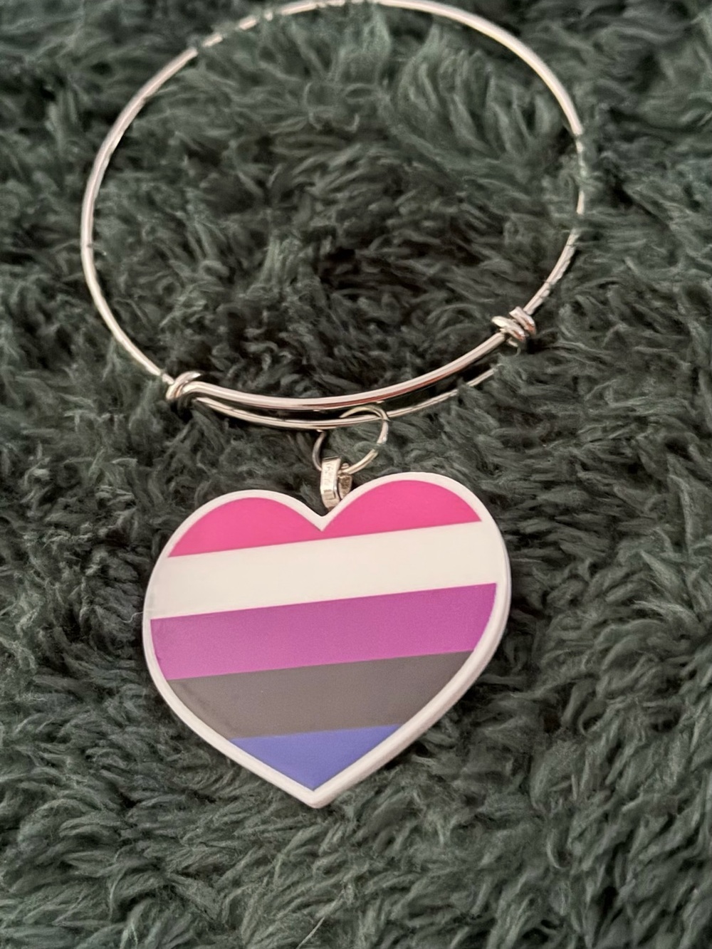 Silver Bangle Bracelet with Pink & Purple Heart Pride Charm